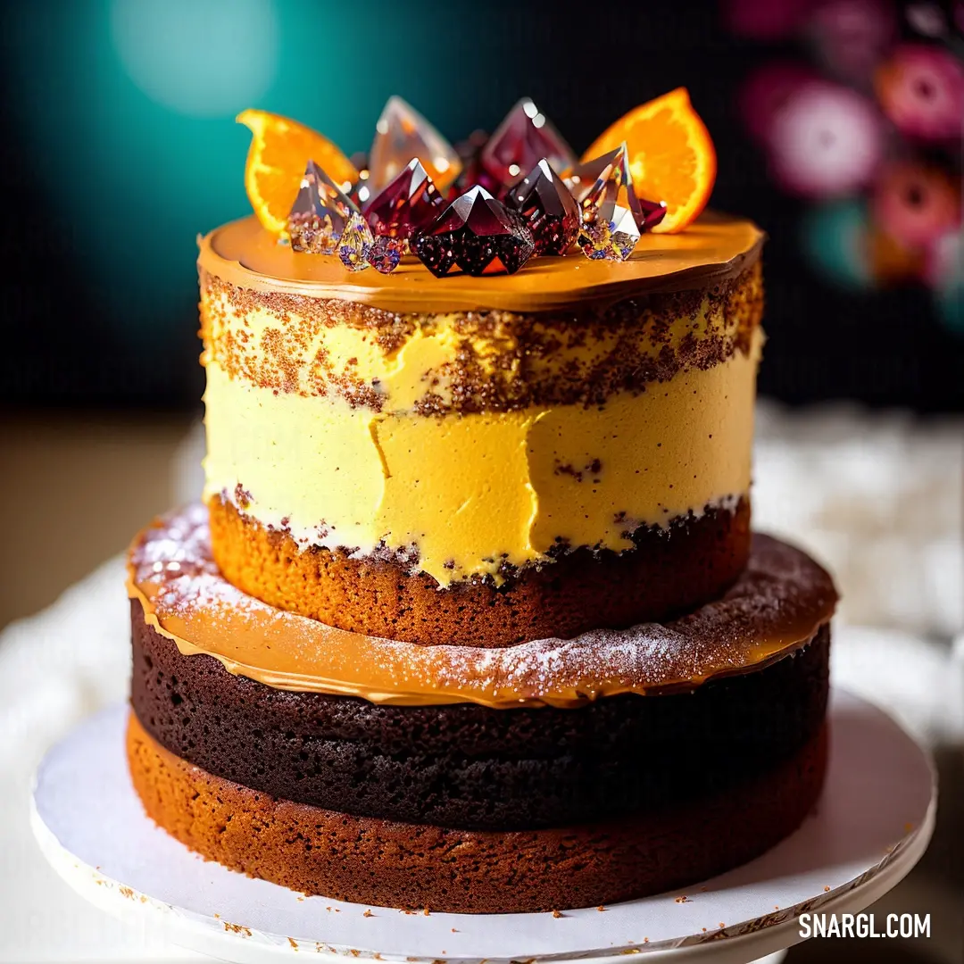 Three layer cake with orange slices on top of it on a plate with a glass of wine in the background. Color RGB 242,122,26.