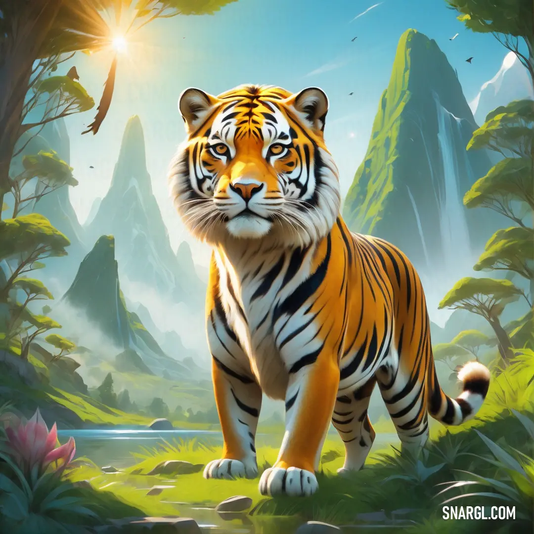 Tiger standing in a forest with mountains in the background. Example of NCS S 0570-Y40R color.