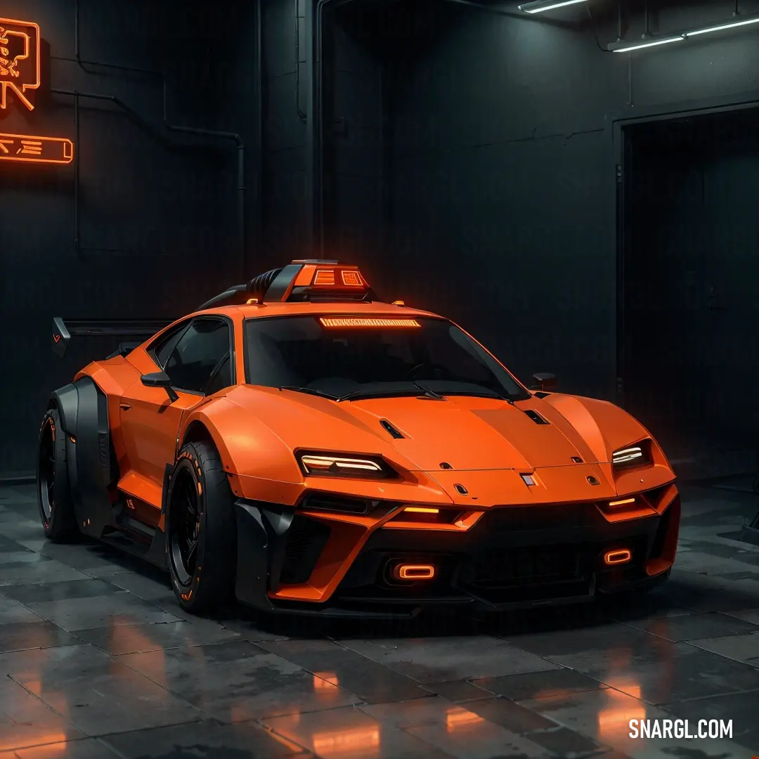 Very nice looking orange sports car in a dark room with neon lights on the side of it's roof. Example of NCS S 0570-Y40R color.