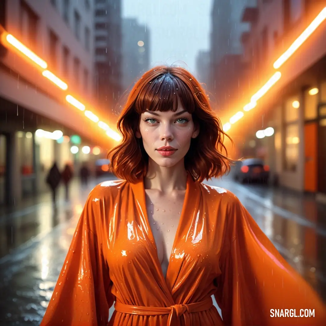 Woman in an orange dress standing in the rain in a city street at night with a neon light. Example of NCS S 0570-Y40R color.