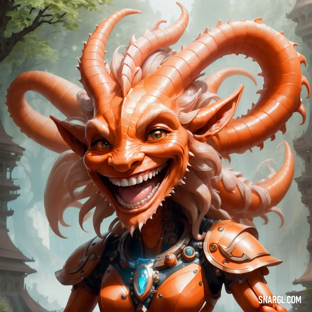 Cartoon character with a demon like face and horns on her head. Color #F17024.