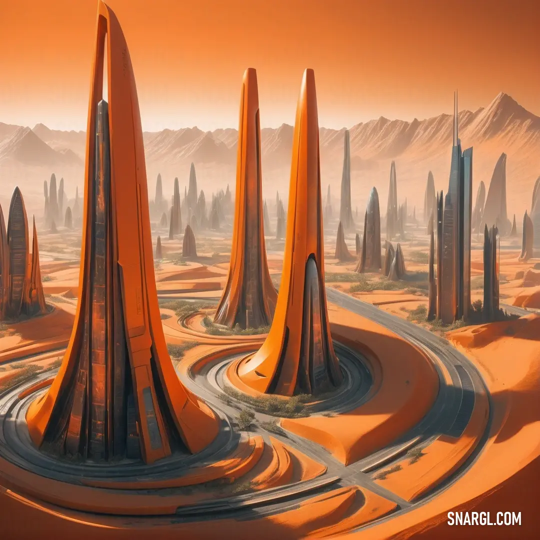 Futuristic landscape with a road and orange hills in the background. Color #F17024.