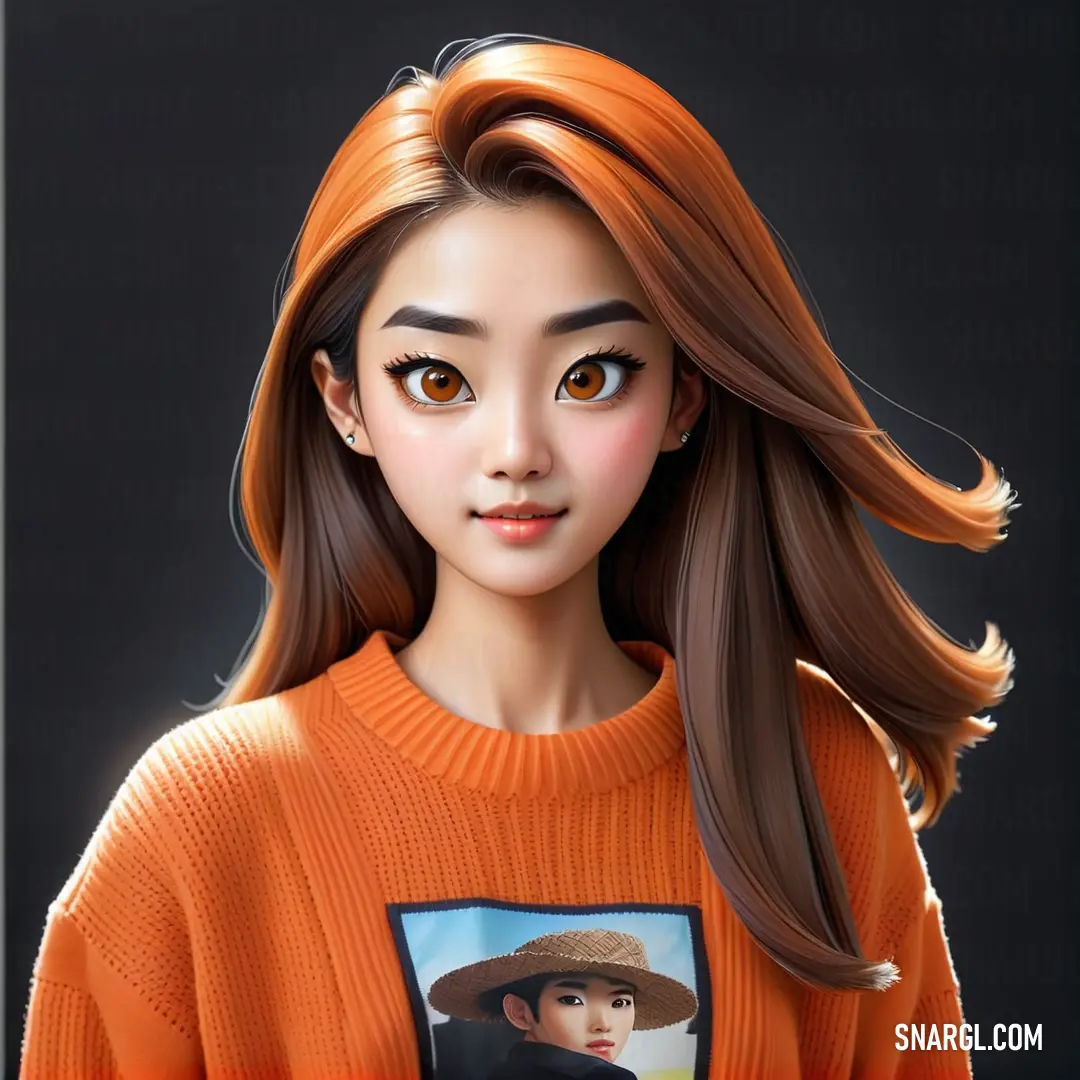 NCS S 0570-Y50R color example: Girl with long hair wearing an orange sweater and a hat with a picture of a woman on it