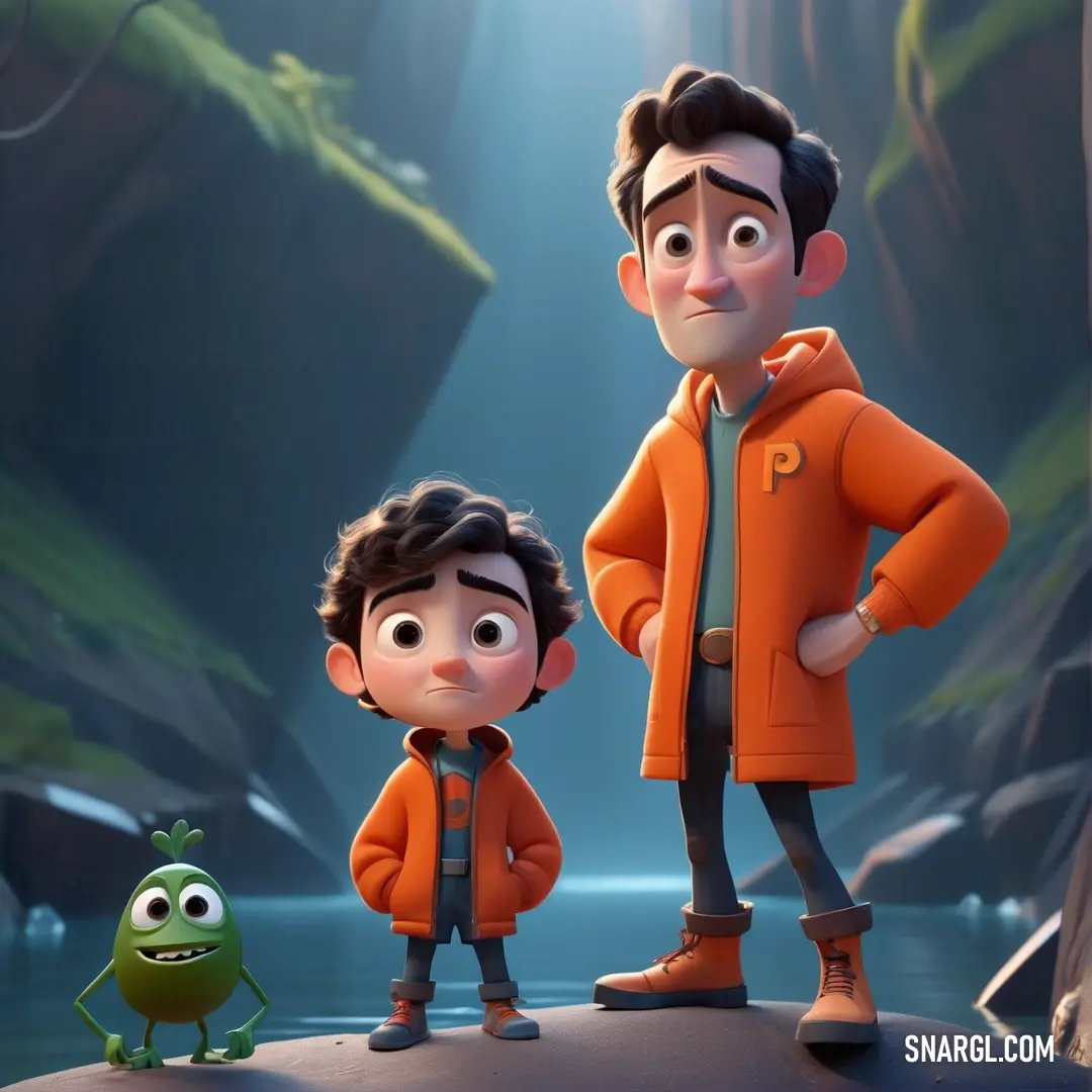Man and a boy standing in front of a cartoon character in a forest with a frog and a frog. Example of #F17024 color.
