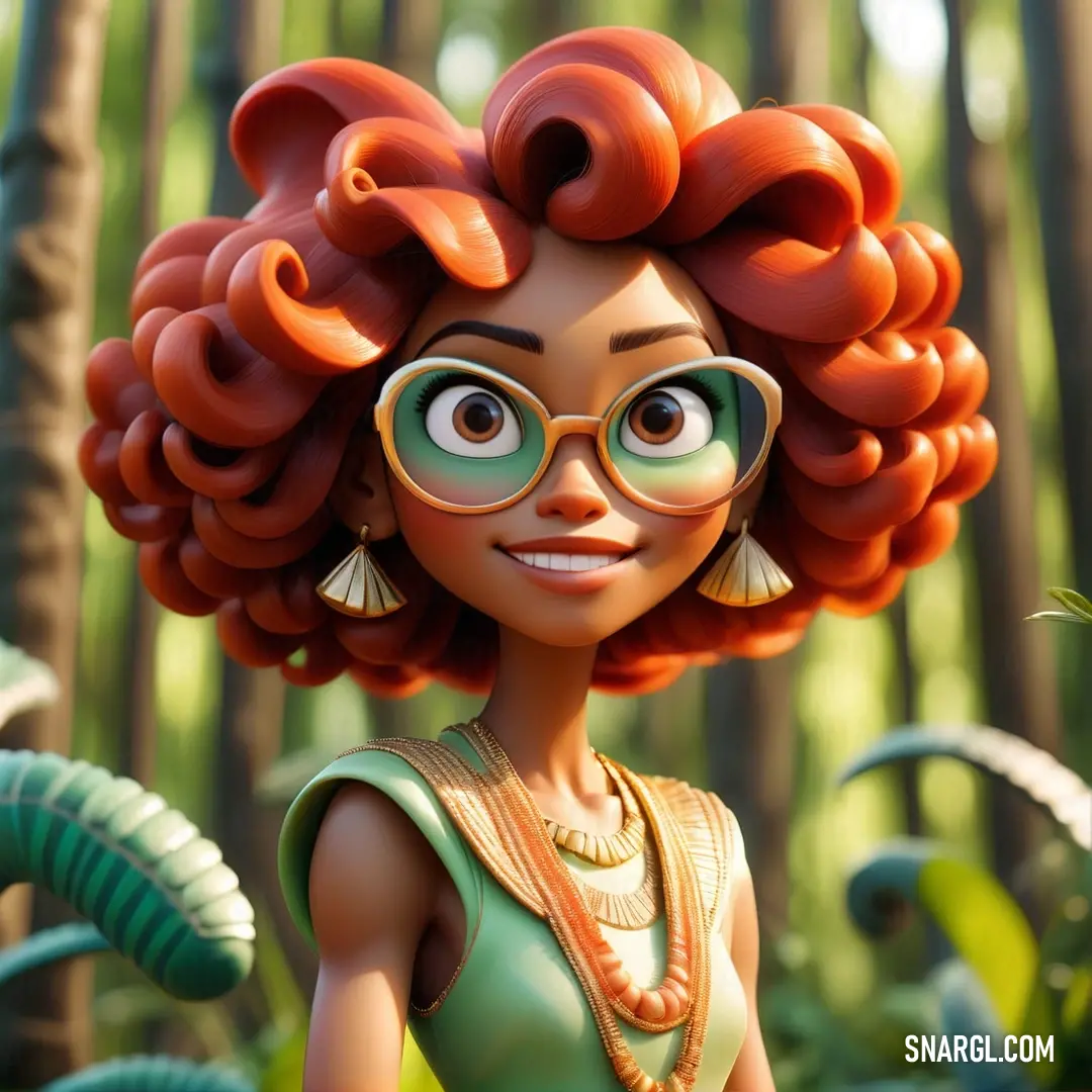 Cartoon character with red hair and glasses in a forest with trees and plants in the background. Example of #F0642C color.