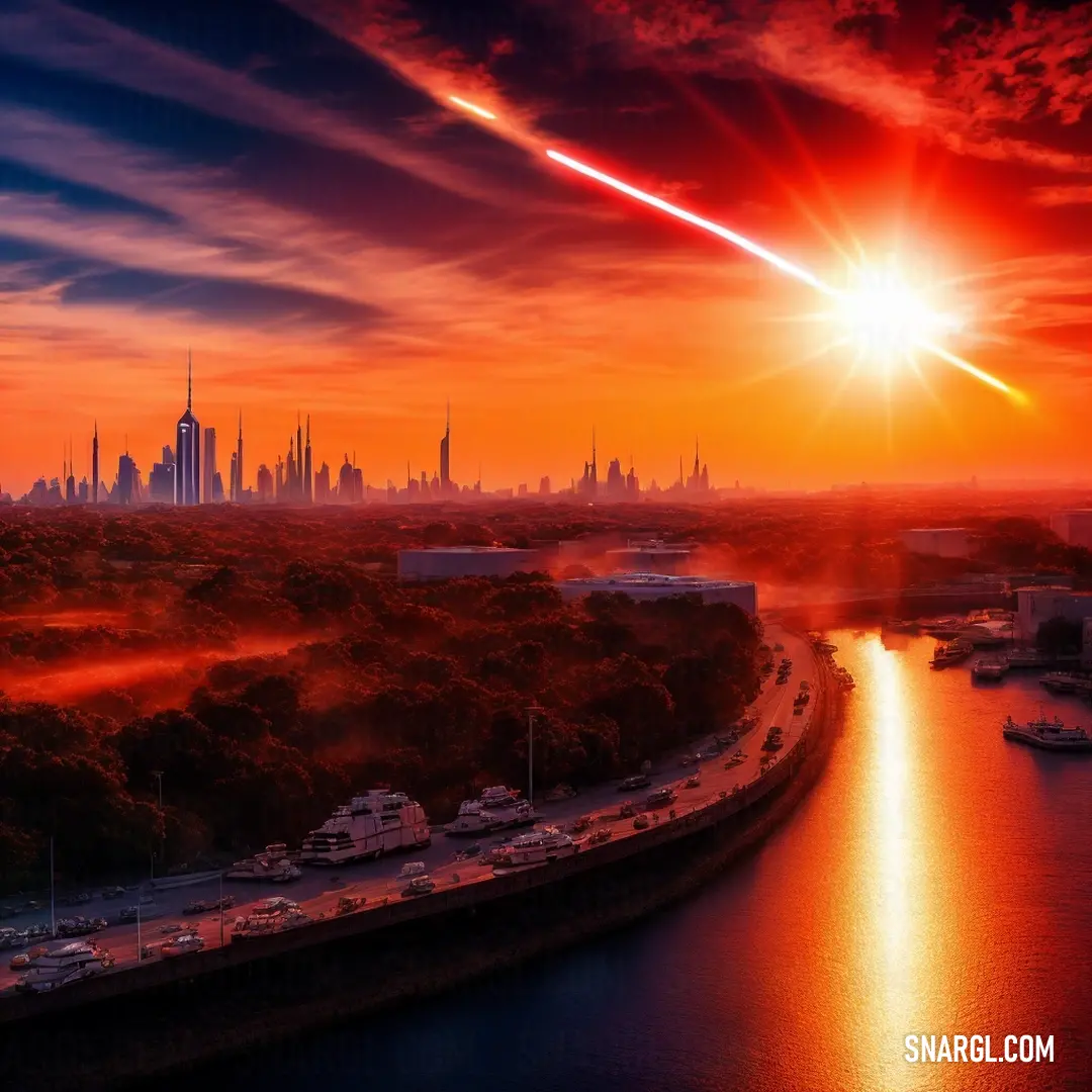 NCS S 0570-Y60R color example: Sunset over a city with a river and a bridge in the foreground