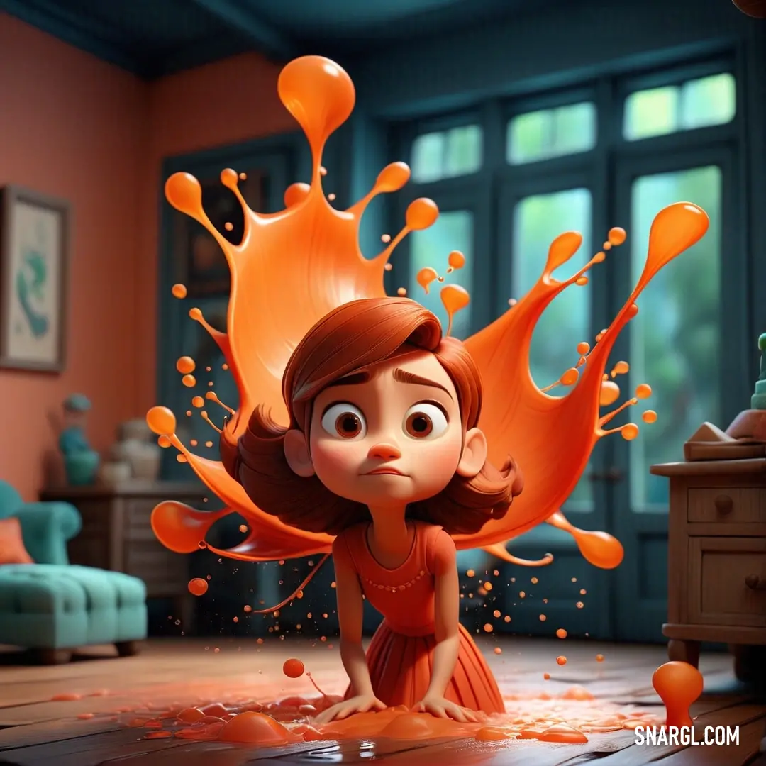 Cartoon girl with orange hair and orange paint on her face and body. Color #ED4E29.
