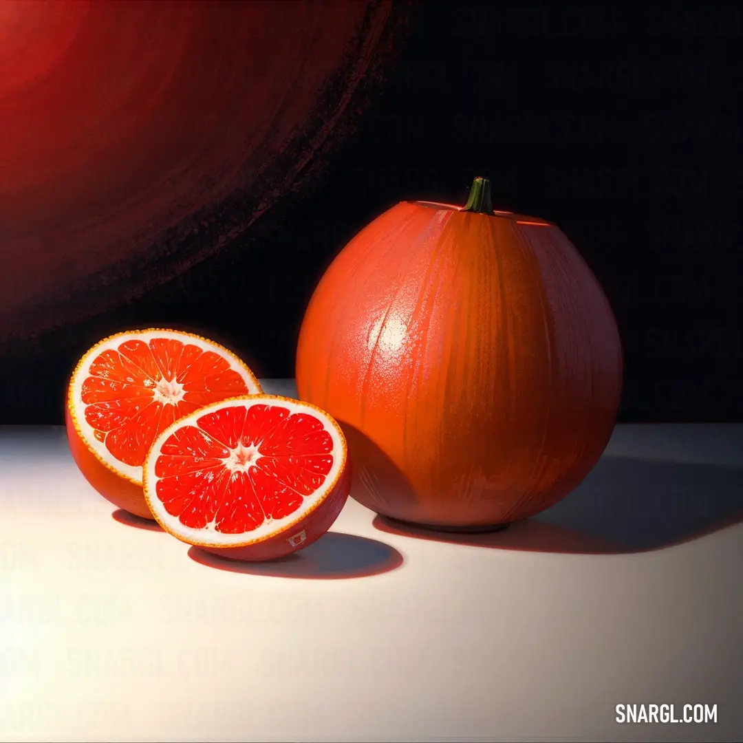 Grapefruit and a grapefruit cut in half on a table top with a black background. Color #ED4E29.