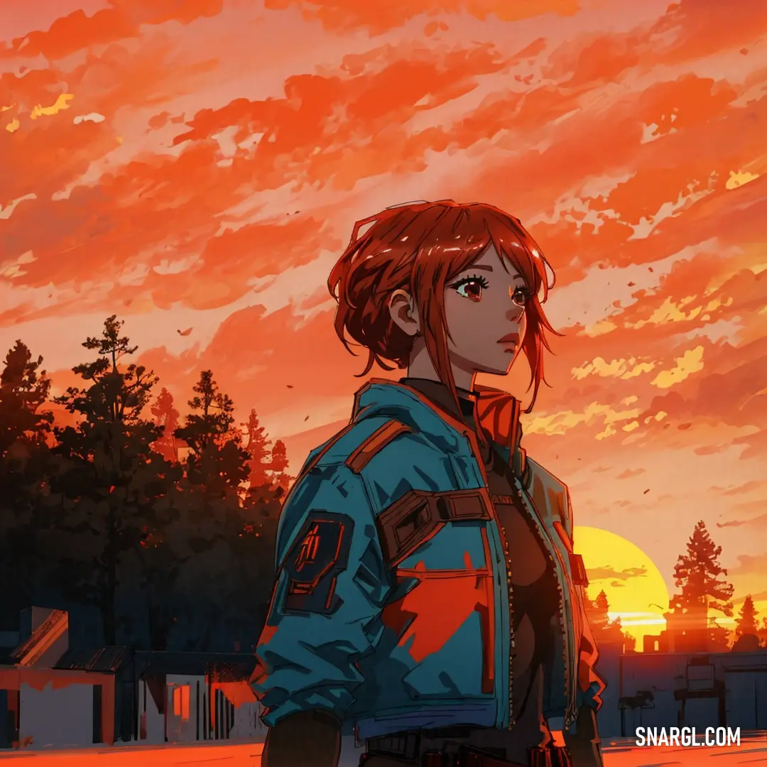 Woman standing in front of a sunset with a red hair and blue jacket on her shoulders and a red and orange sky behind her