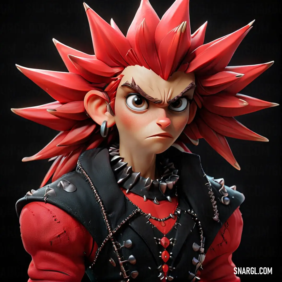 NCS S 0570-Y80R color example: Close up of a toy with a red hair and spiked head and black outfit with spikes on it