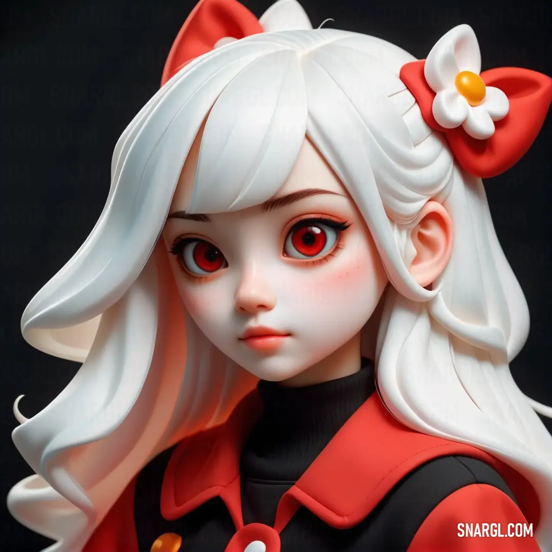 Close up of a doll with a red bow on her head and a black shirt. Example of RGB 233,71,60 color.