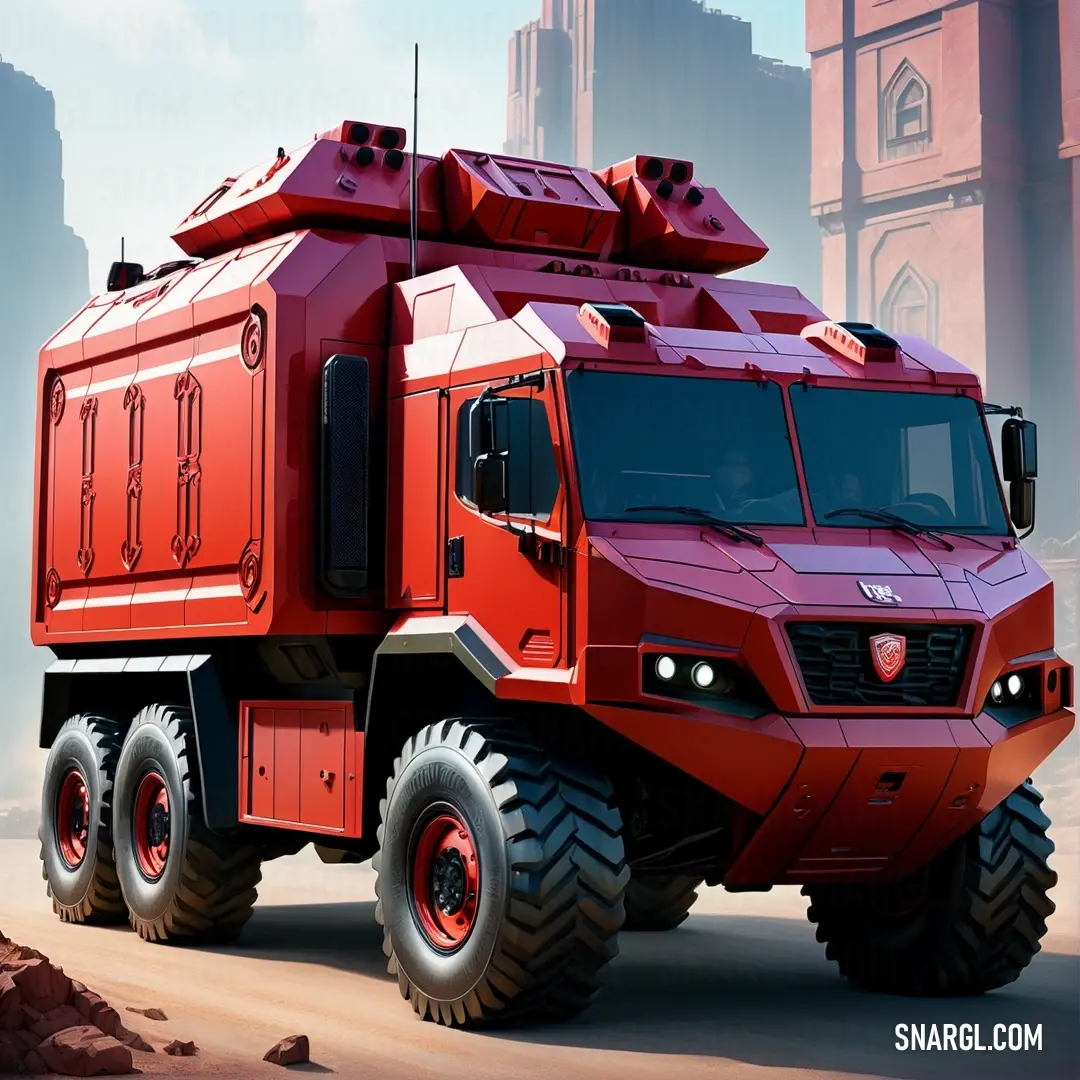 NCS S 0570-Y80R color example: Red armored vehicle parked in front of a castle with a clock tower in the background