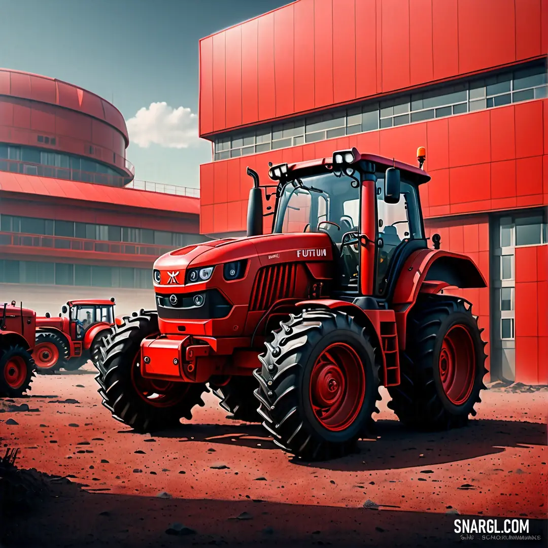 NCS S 0570-Y80R color example: Red tractor parked in front of a building with a red sky in the background