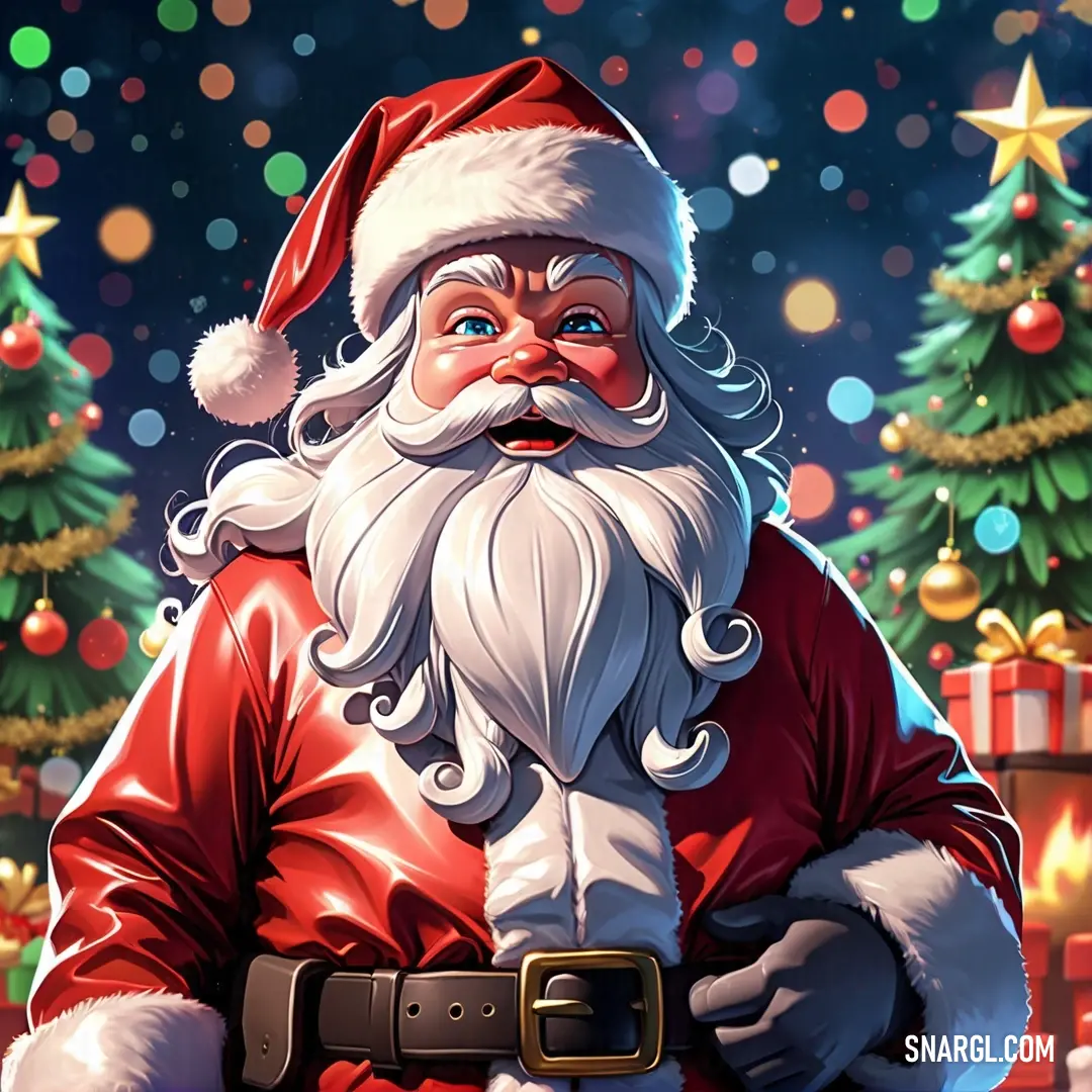 Santa claus is standing in front of a christmas tree with presents on it and a star in the background. Color CMYK 0,85,75,0.