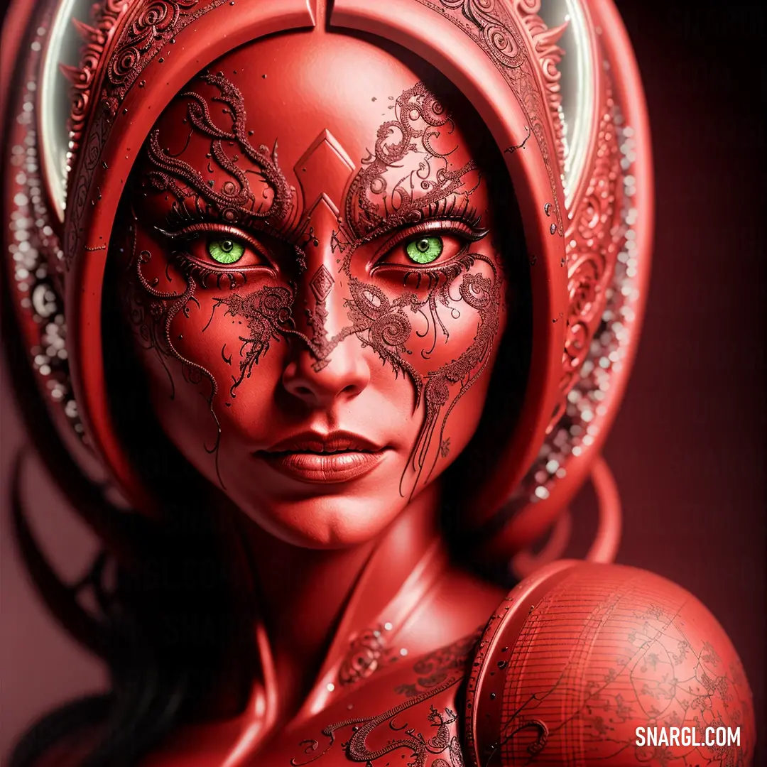 Woman with green eyes and a red headdress with intricate designs on her face and body. Example of NCS S 0570-Y80R color.