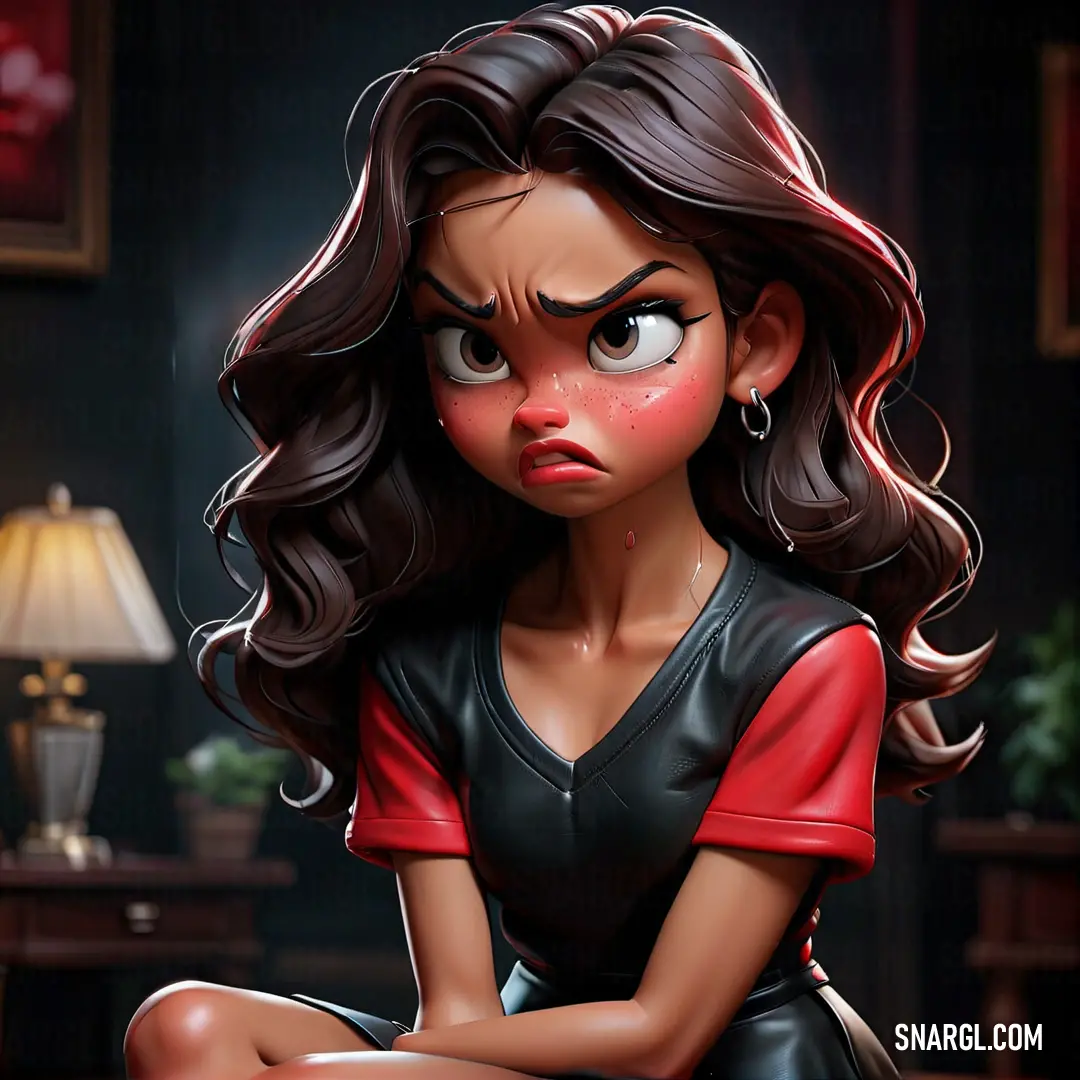 Cartoon girl with a sad look on her face on a table with a lamp in the background. Color RGB 230,55,63.
