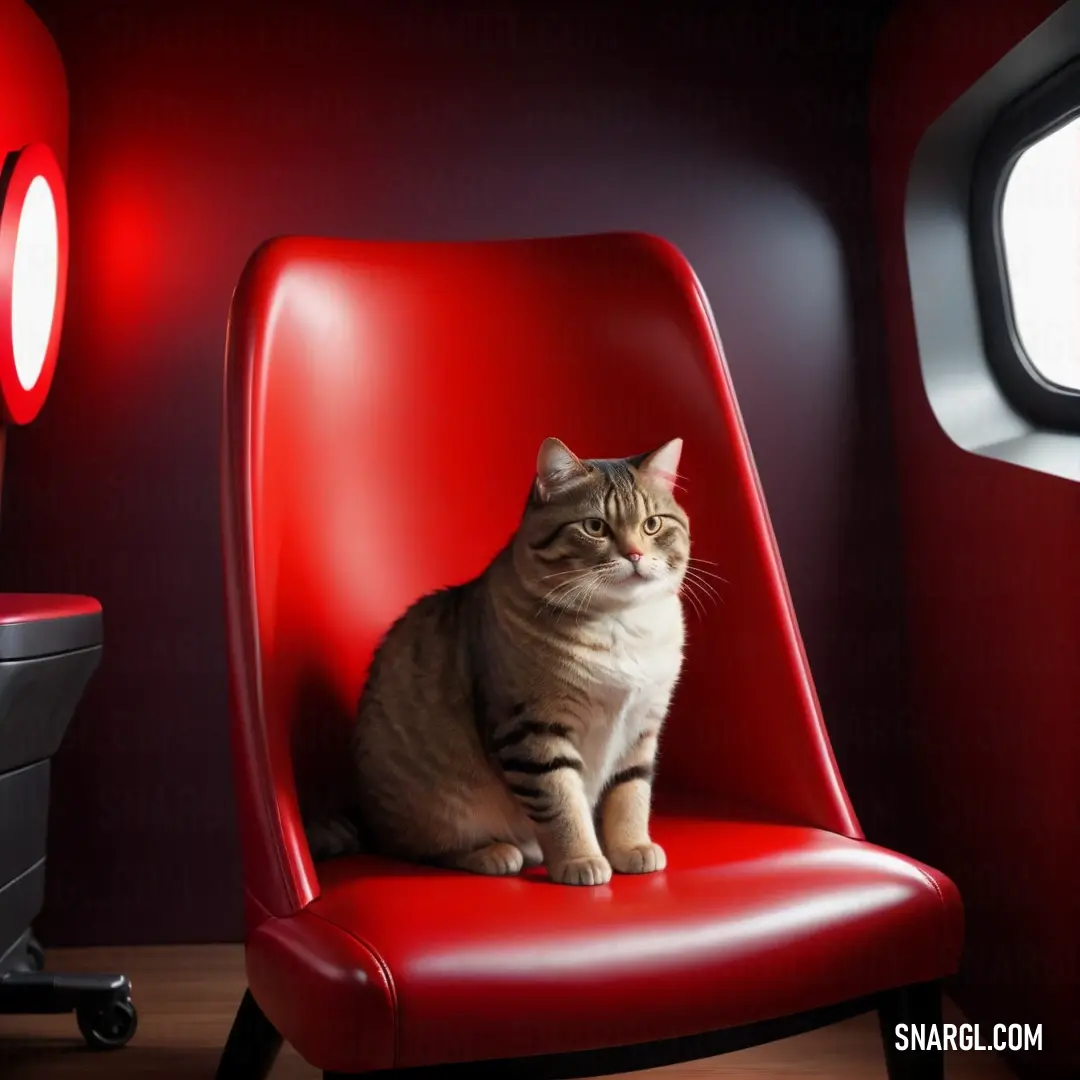 Cat on a red chair in a room with a red wall and a window. Color NCS S 0570-Y90R.