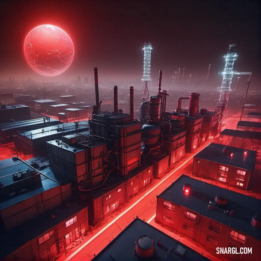 Futuristic city with a red light at night and a red moon in the background. Color CMYK 0,90,70,0.