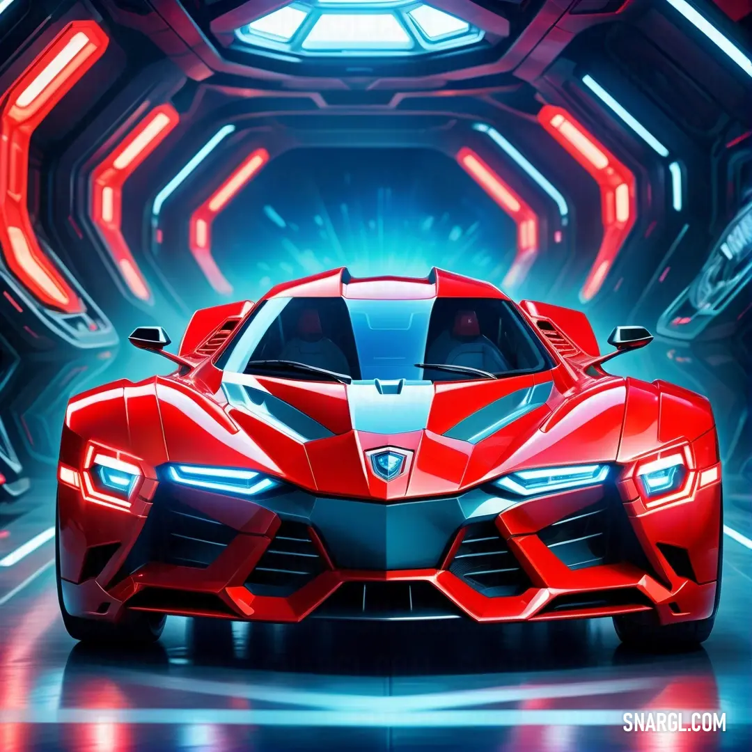 Red sports car in a futuristic setting with neon lights and a red background. Color RGB 230,55,63.