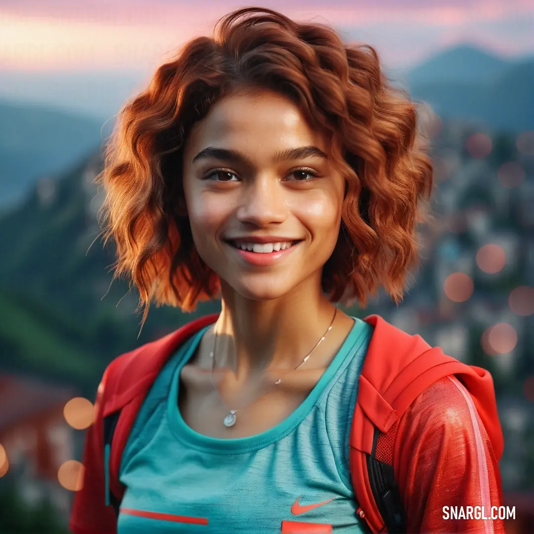 Woman with a red jacket and a blue shirt smiles at the camera with a city in the background. Color #E6373F.