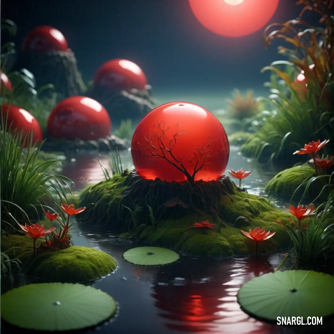 NCS S 0570-Y90R color example: Red ball on top of a lush green field next to lily pads and a pond of water