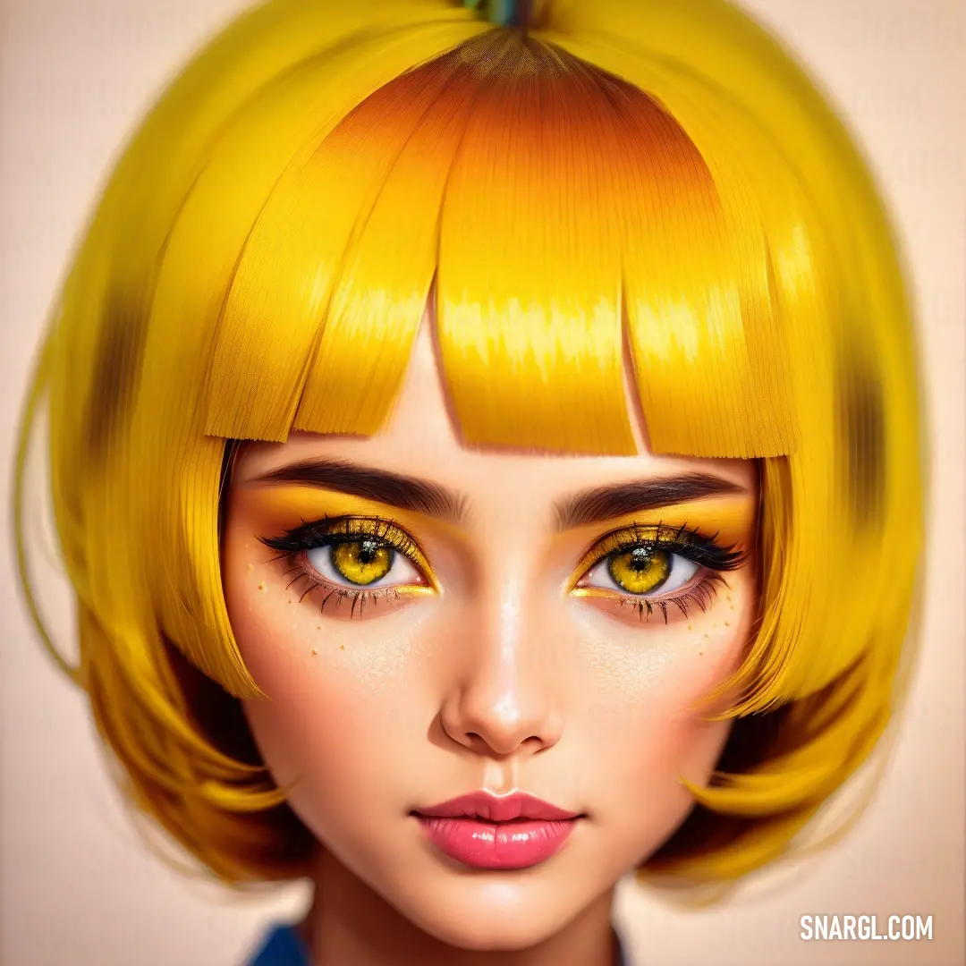 Digital painting of a woman with yellow hair and bright yellow eyeshadow. Color RGB 249,207,0.