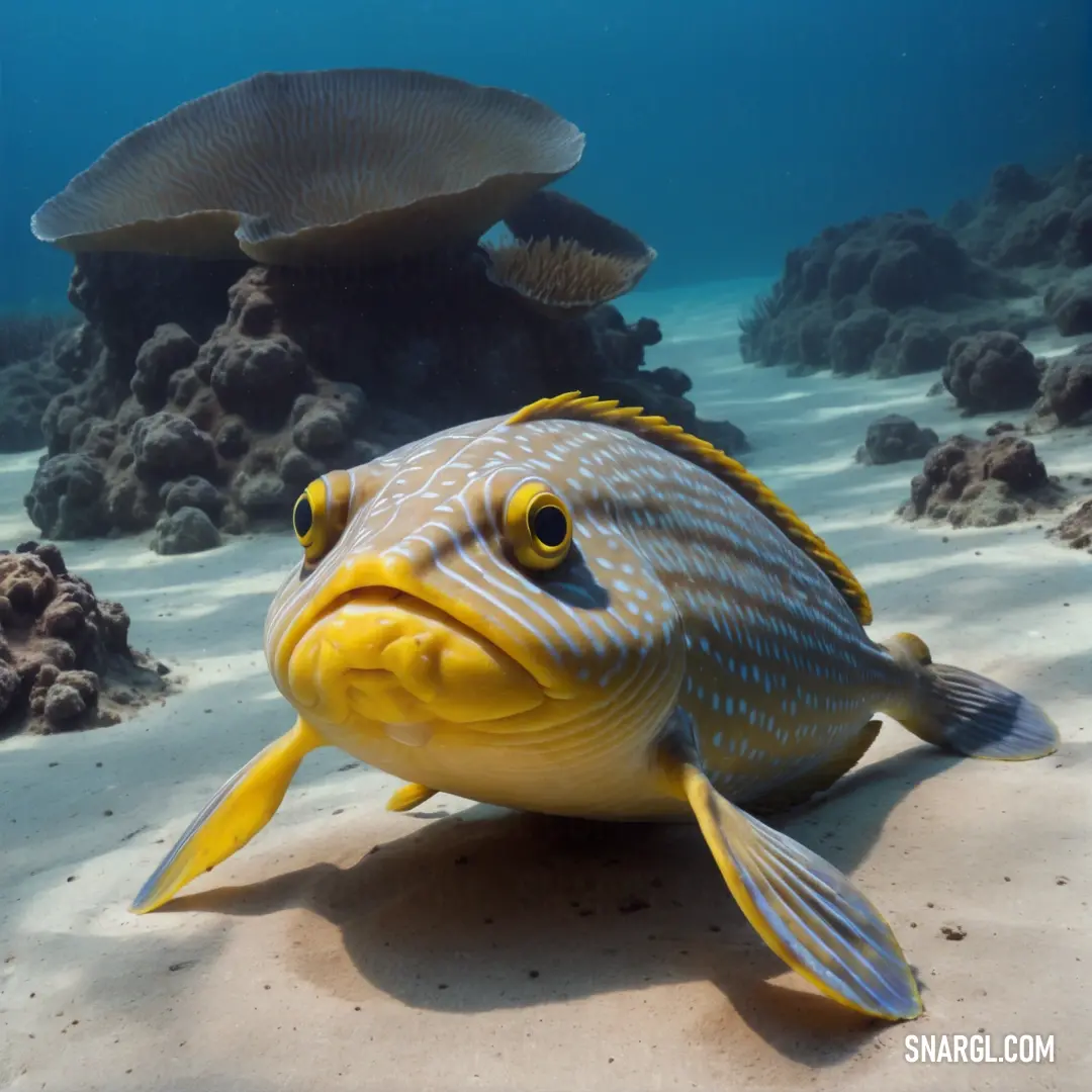 Fish with a yellow fin is on the sand under water and a large mushroom is in the background. Color CMYK 0,12,100,0.