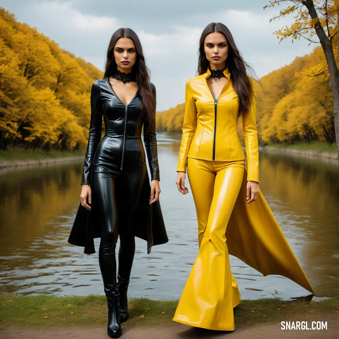 NCS S 0580-Y color example: Two women in yellow and black outfits walking by a lake in the fall or winter