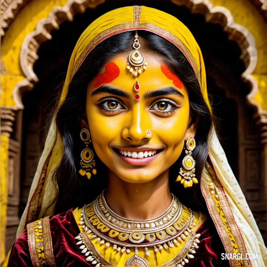 Woman with painted face and yellow dress and jewelry on her face. Color #F9CF00.