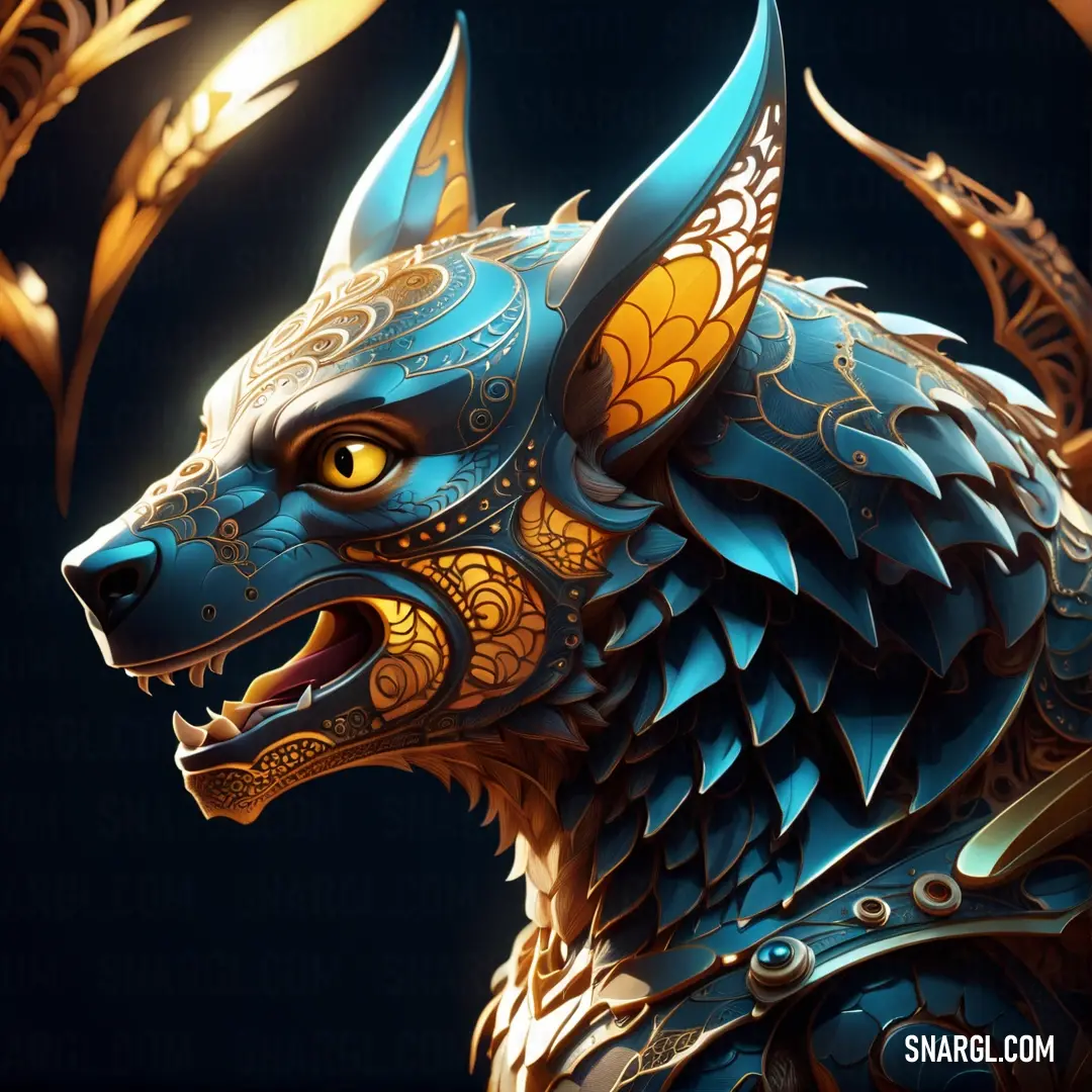 Blue and gold dragon statue with a black background. Example of RGB 248,175,0 color.