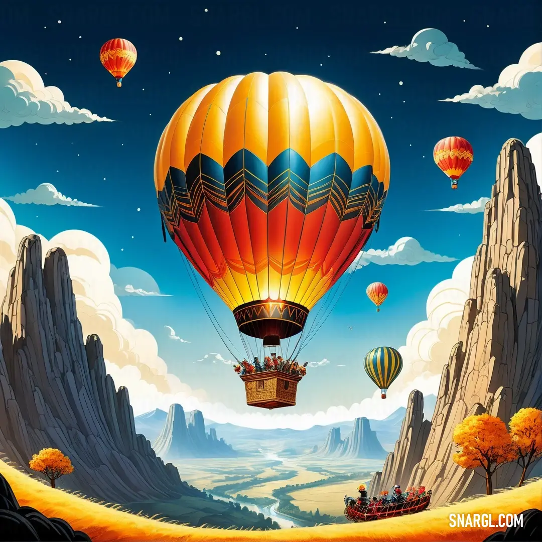 Painting of a hot air balloon flying over a valley with mountains and trees in the background. Color CMYK 0,34,100,0.