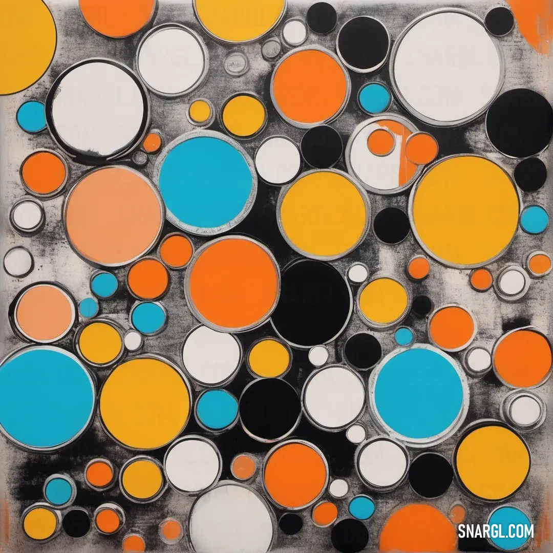 NCS S 0580-Y10R color. Painting with circles and dots on it in orange, blue and black colors on a white background