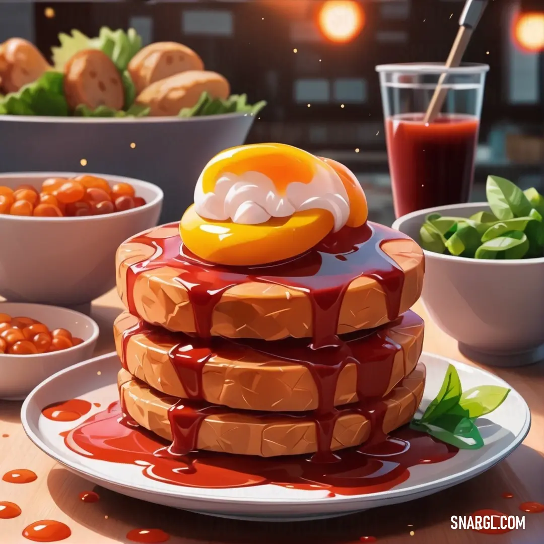 NCS S 0580-Y20R color. Cartoon picture of a stack of pancakes with a fruit on top of it and a bowl of fruit in the background