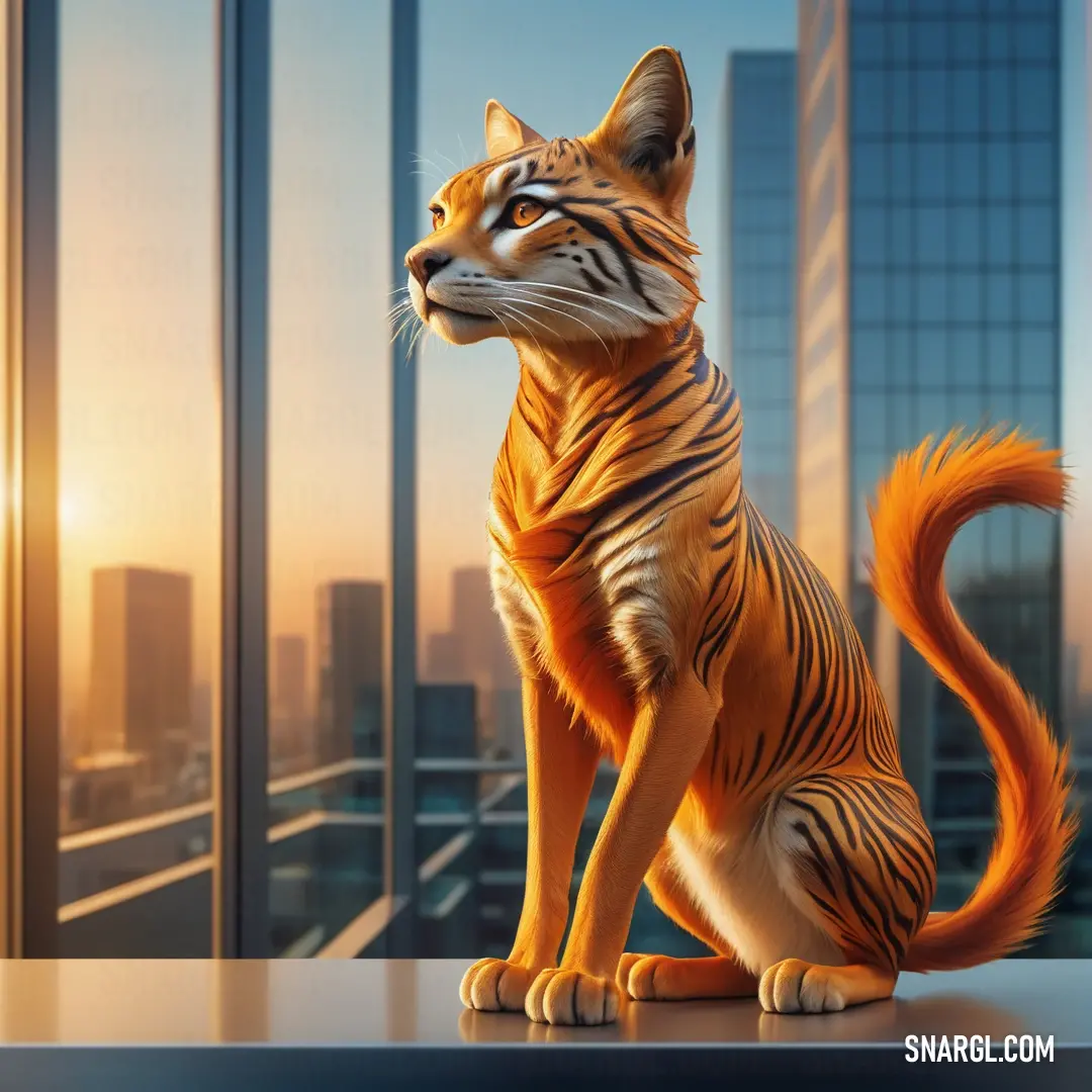 Cat on a ledge in front of a window with a city view in the background. Color NCS S 0580-Y20R.