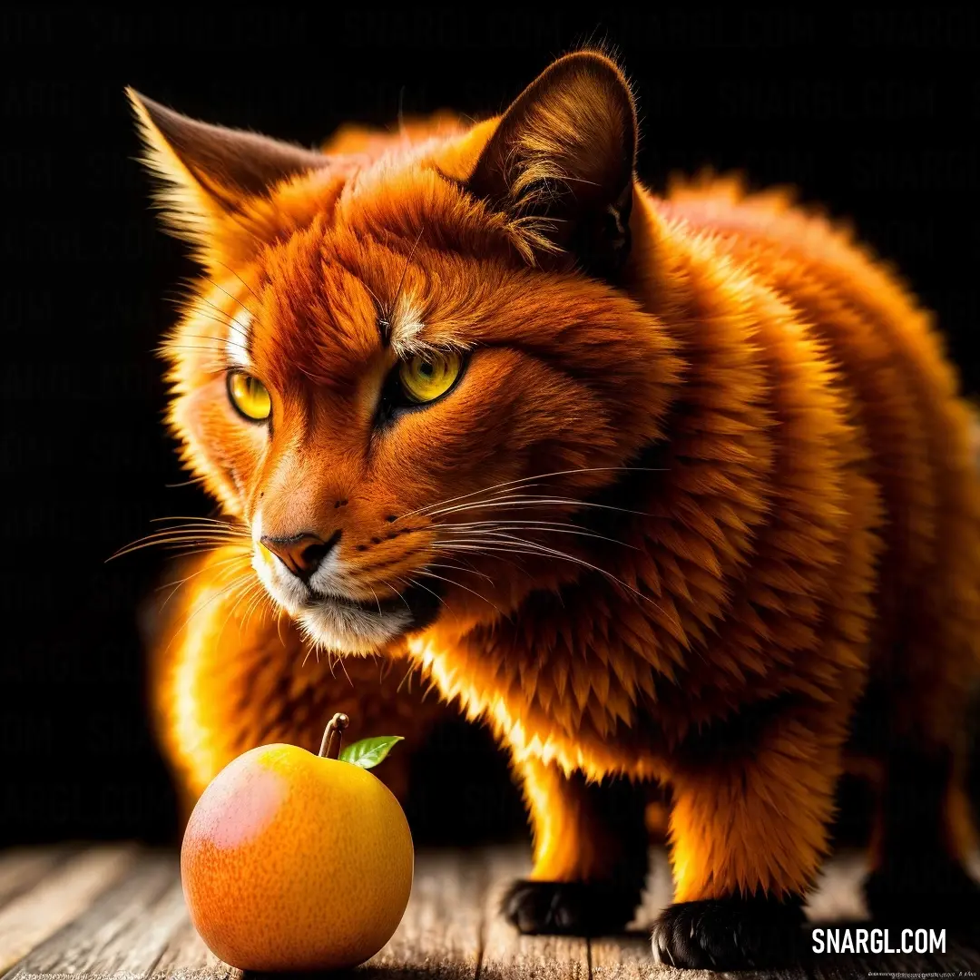 Cat standing next to an orange on a table with a black background. Example of RGB 244,154,0 color.