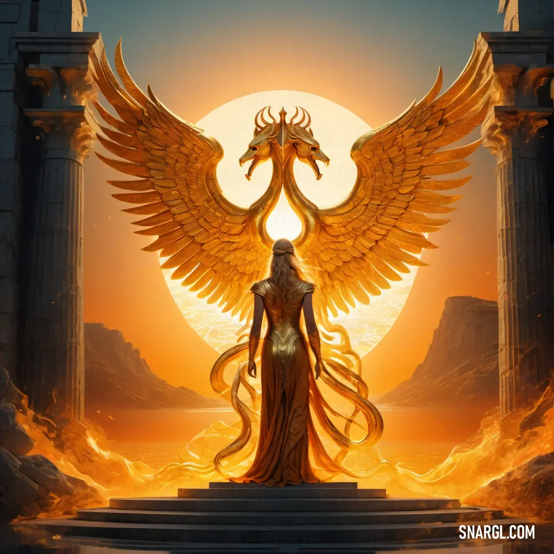 Woman with a dragon like body and wings standing in front of a giant orange sun with a dragon like body. Color #F49A00.