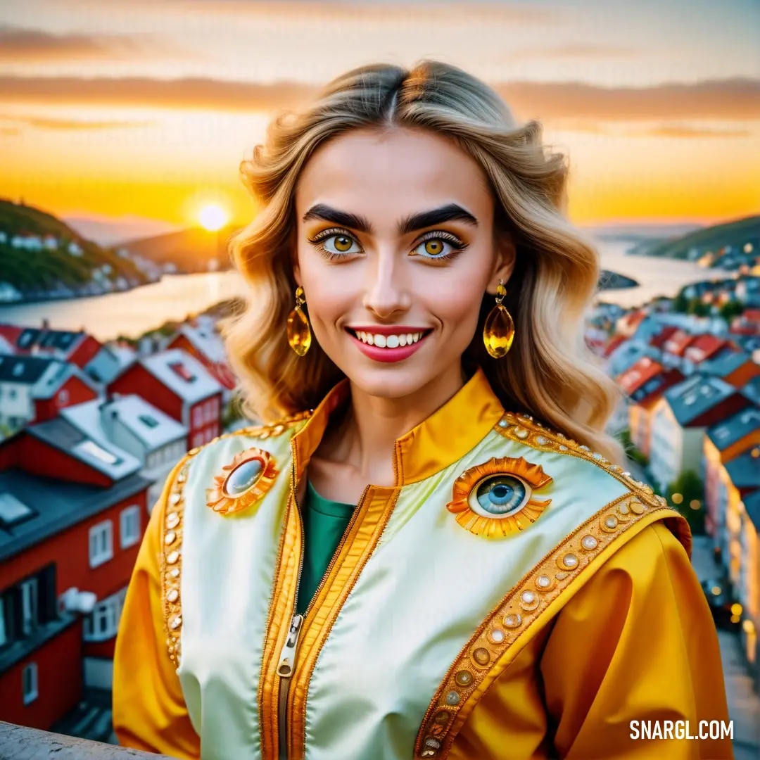 Woman with a yellow jacket and earrings on a balcony overlooking a city and a lake at sunset with a sunset. Color #F49A00.