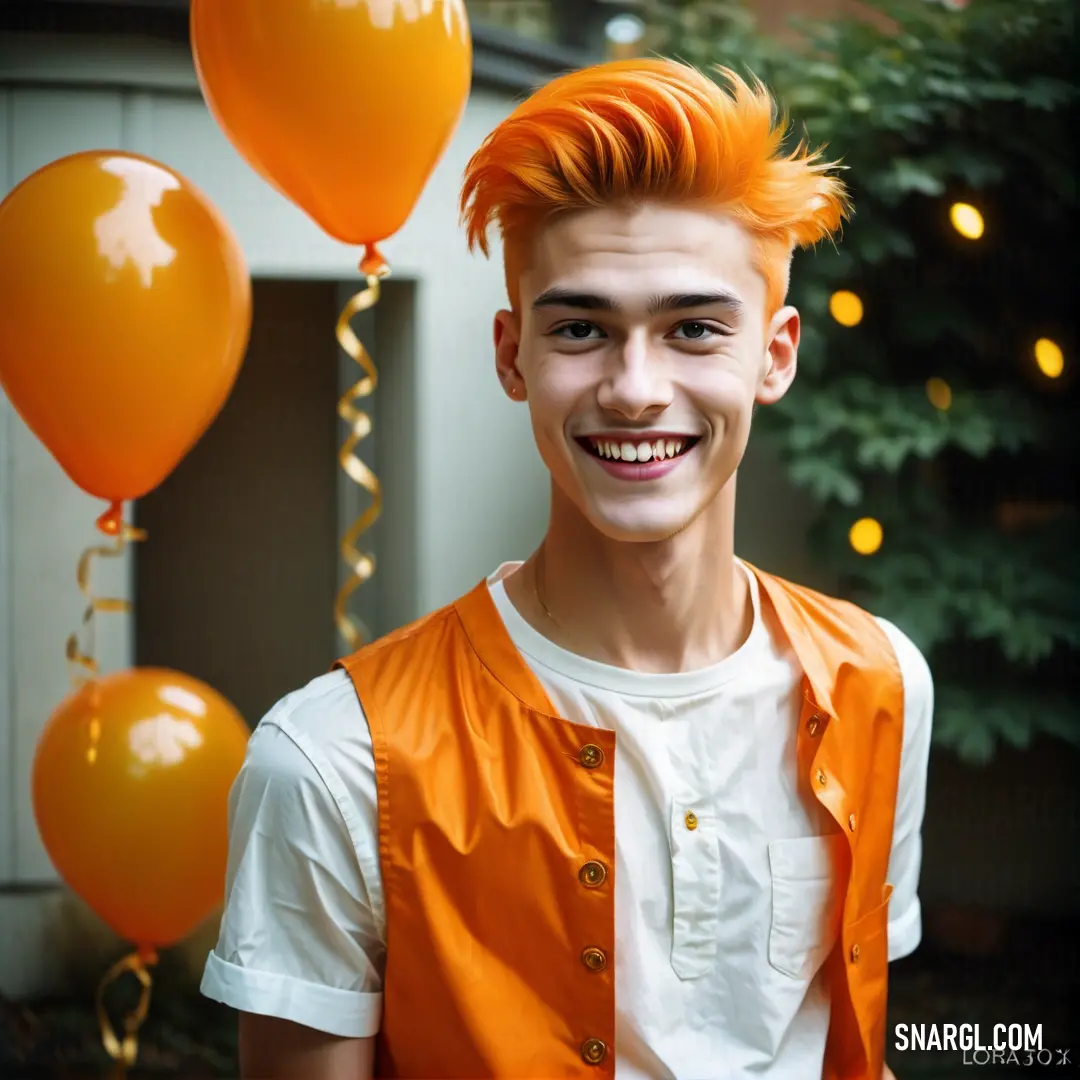 Man with orange hair and a white shirt and orange balloons in the background. Example of #F08400 color.
