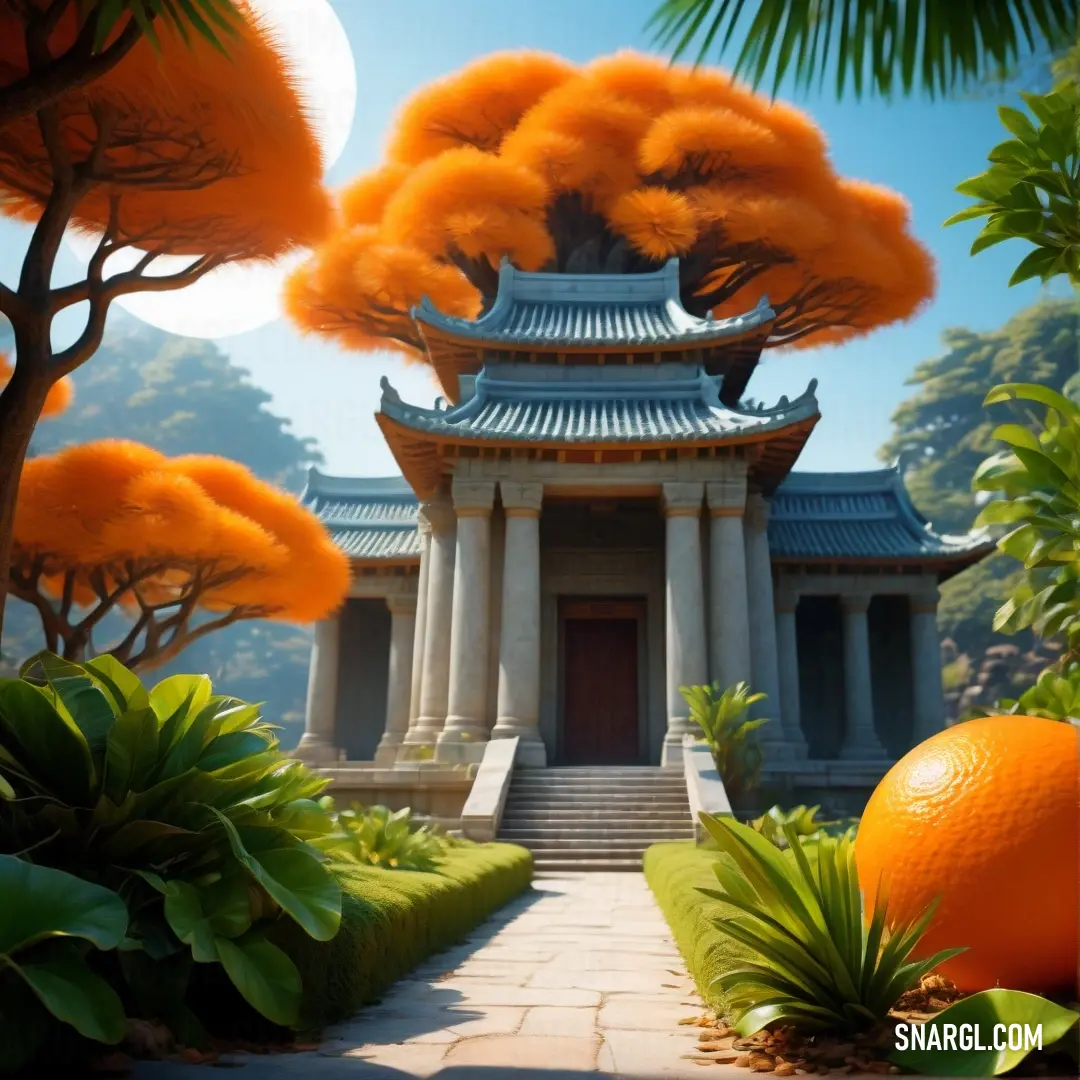 Painting of a pagoda with orange trees in front of it and a path leading to it with a tree in the foreground. Example of #F08400 color.