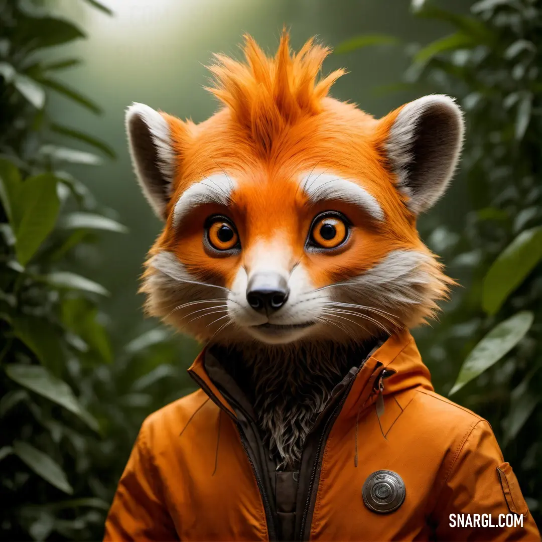 Red panda wearing a jacket and a jacket with a hood on it's head and a forest background. Color CMYK 0,55,100,0.