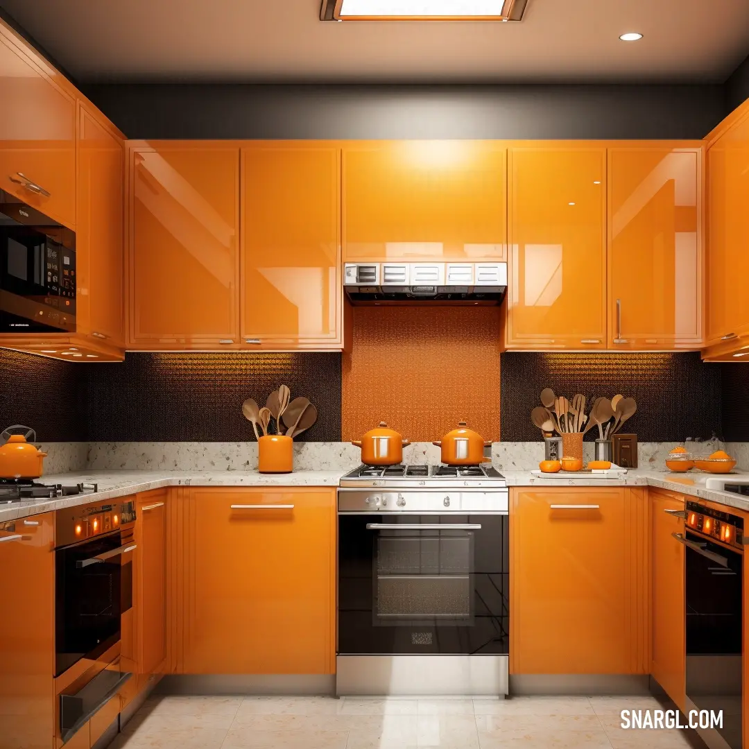 Kitchen with orange cabinets and a stove top oven and microwave ovens and a microwave oven and a microwave. Example of CMYK 0,65,100,0 color.