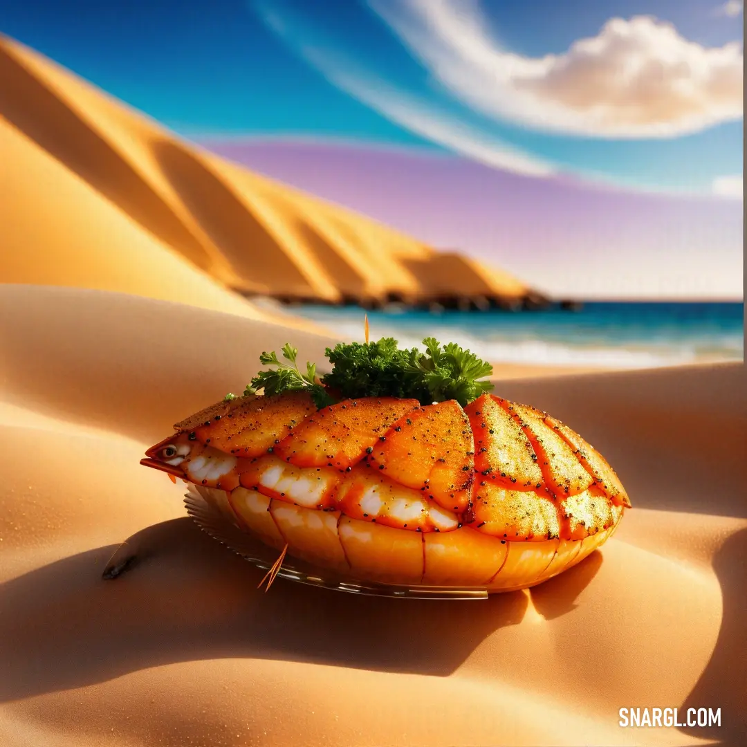Picture of a desert with a sea shell on it's side and a beach in the background. Example of CMYK 0,65,100,0 color.