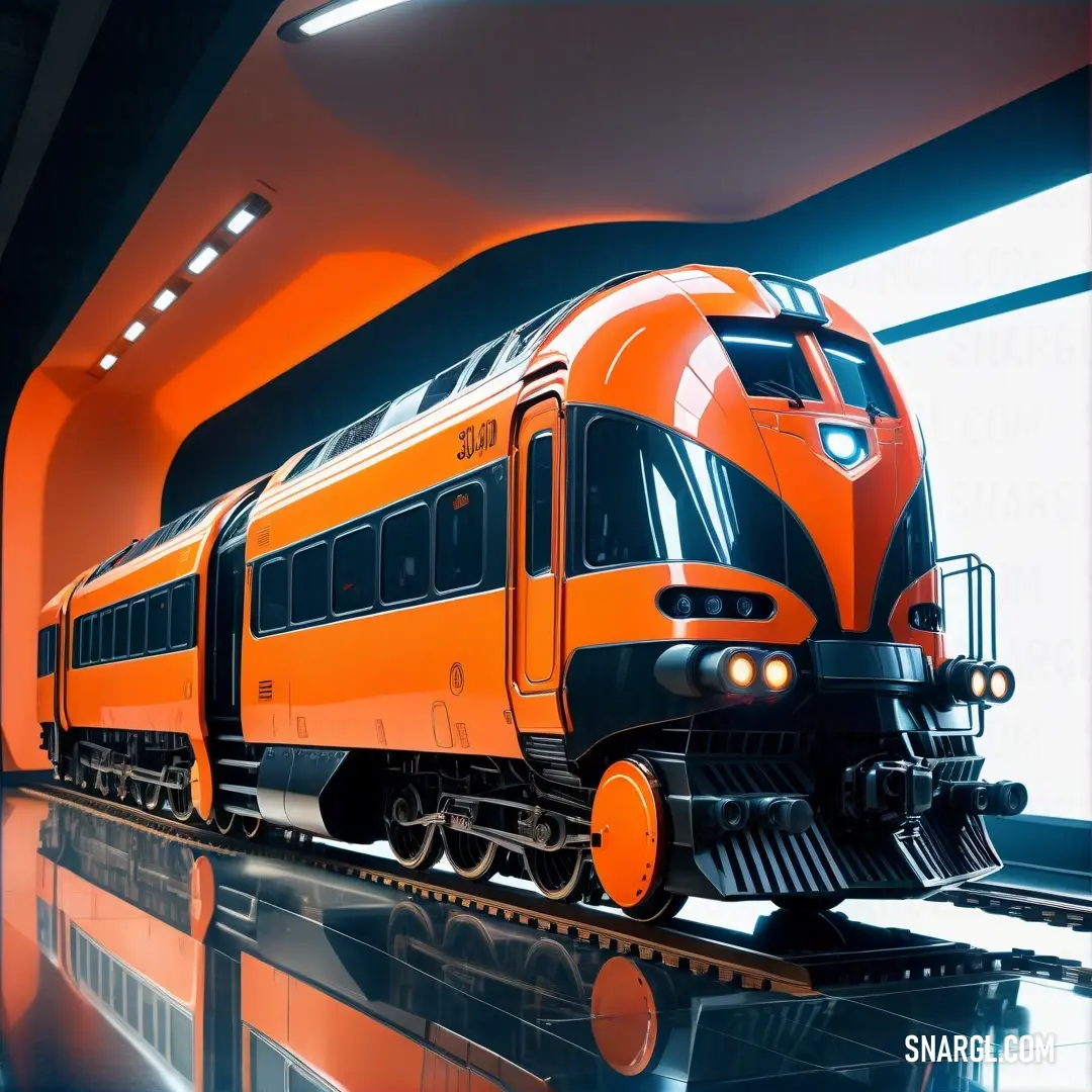 NCS S 0580-Y40R color example: Train is shown on a track in a room with a large window and a black and orange background