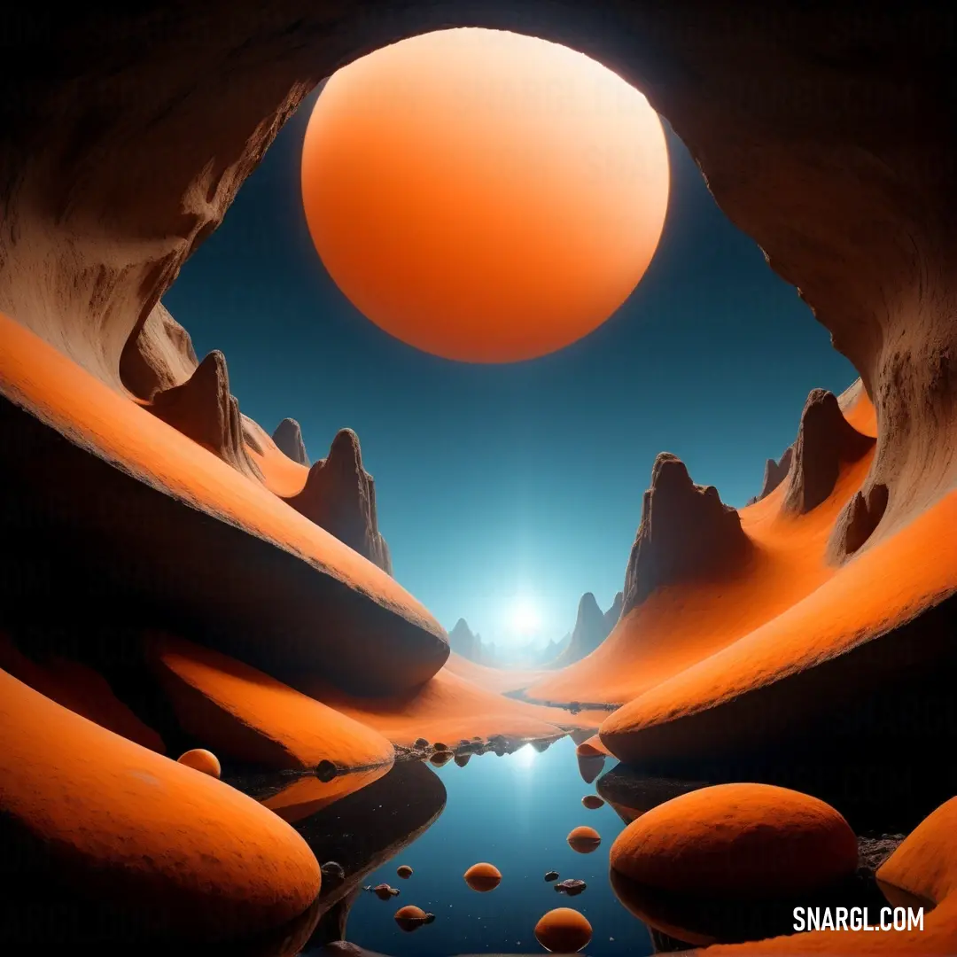 Large orange ball is in the sky above a river and mountains with rocks and water in the foreground. Color #EC6202.