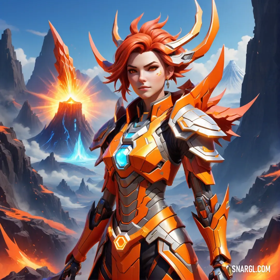 Woman in a futuristic suit standing in front of a mountain range with a glowing light on her chest. Color NCS S 0580-Y50R.