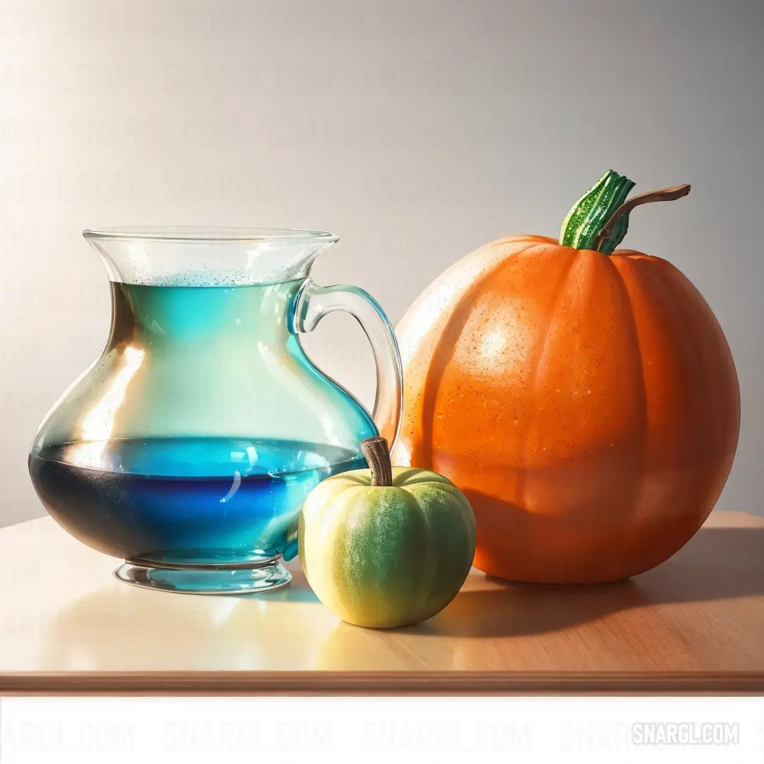 NCS S 0580-Y60R color. Glass pitcher and a glass of water with a pumpkin next to it on a table with a white background