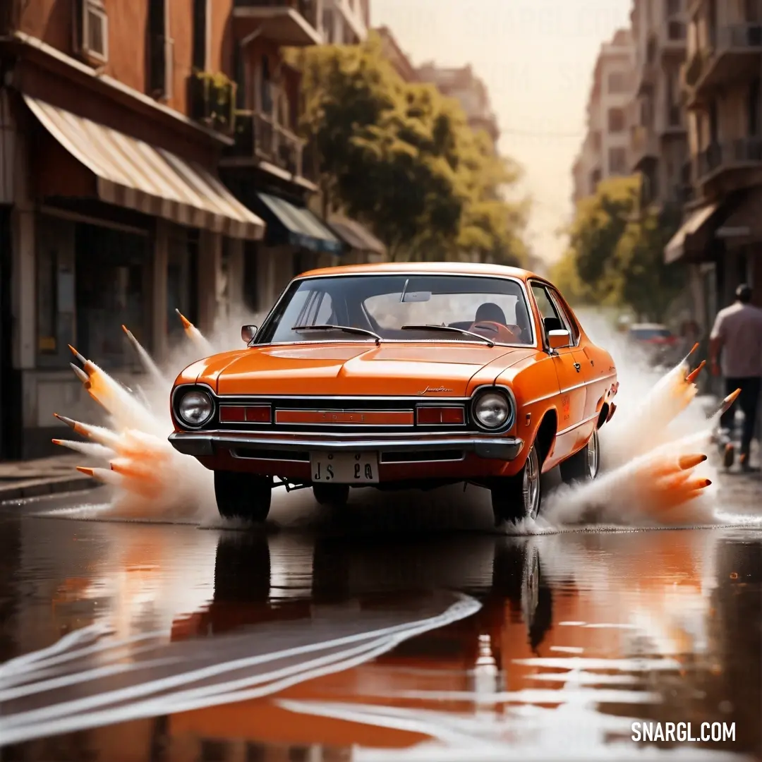 Orange car driving down a street with orange firecrackers on it's tires and a man walking behind it. Example of RGB 235,87,22 color.