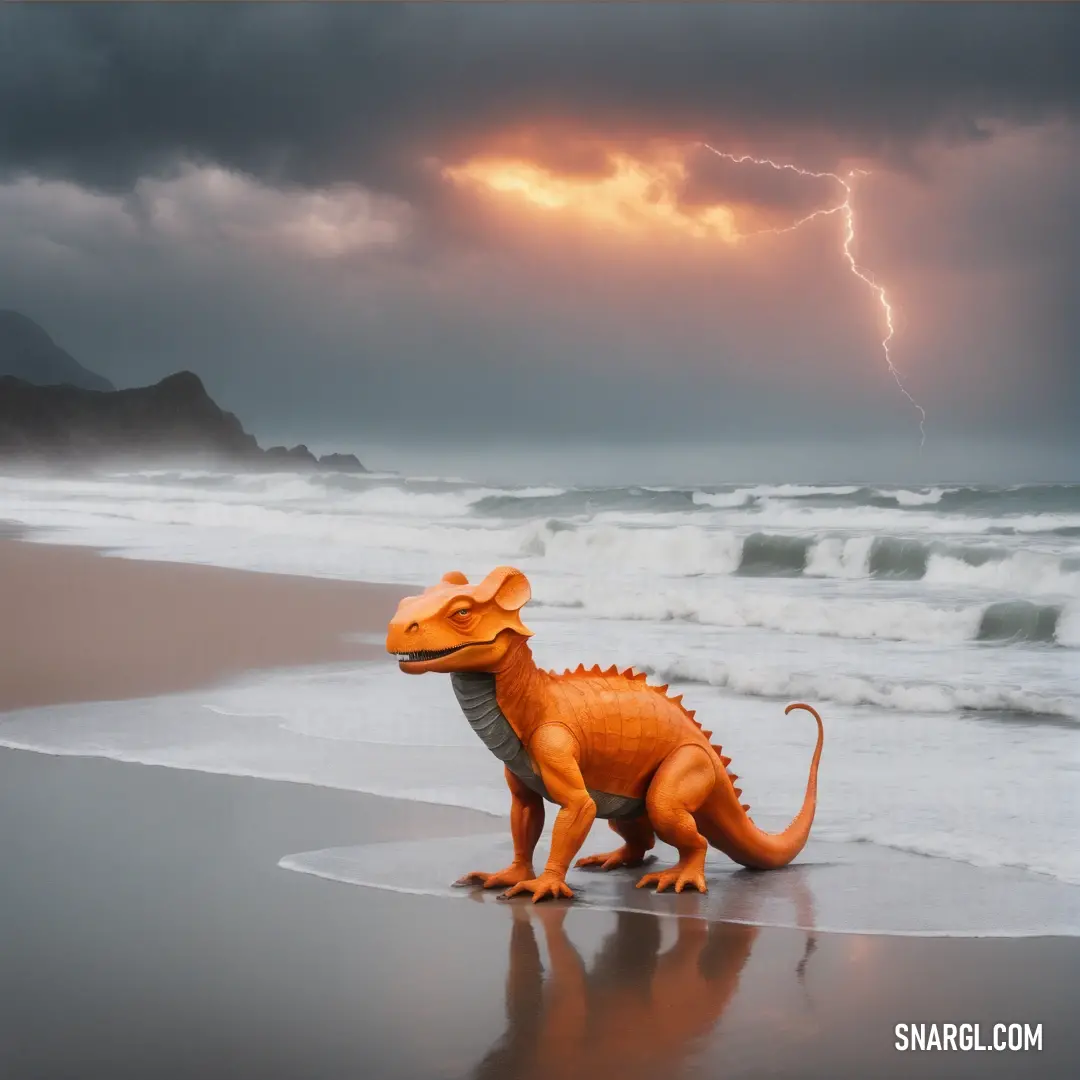Toy dinosaur on a beach with a storm in the background. Color NCS S 0580-Y60R.