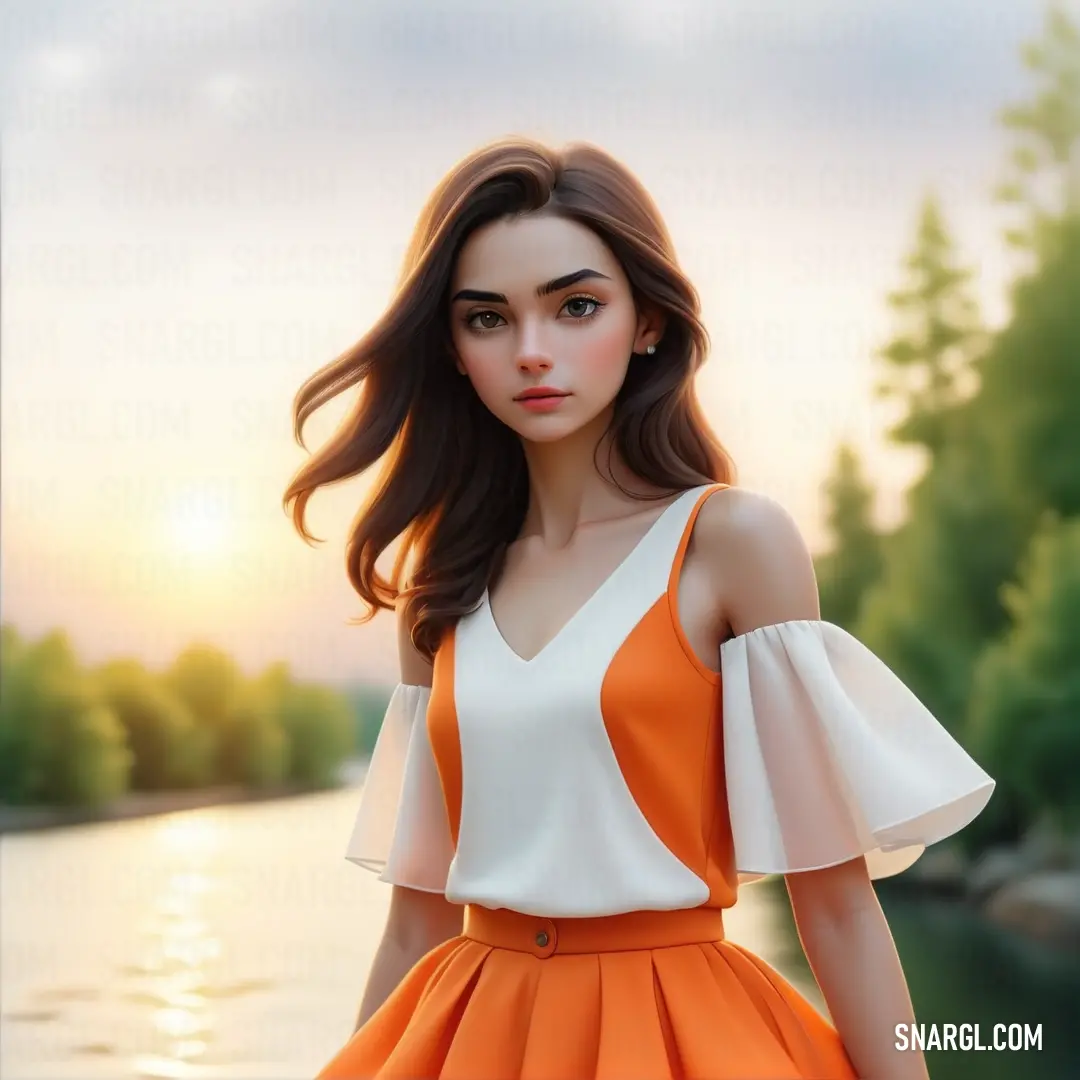NCS S 0580-Y60R color. Woman in an orange and white dress standing next to a river with trees in the background