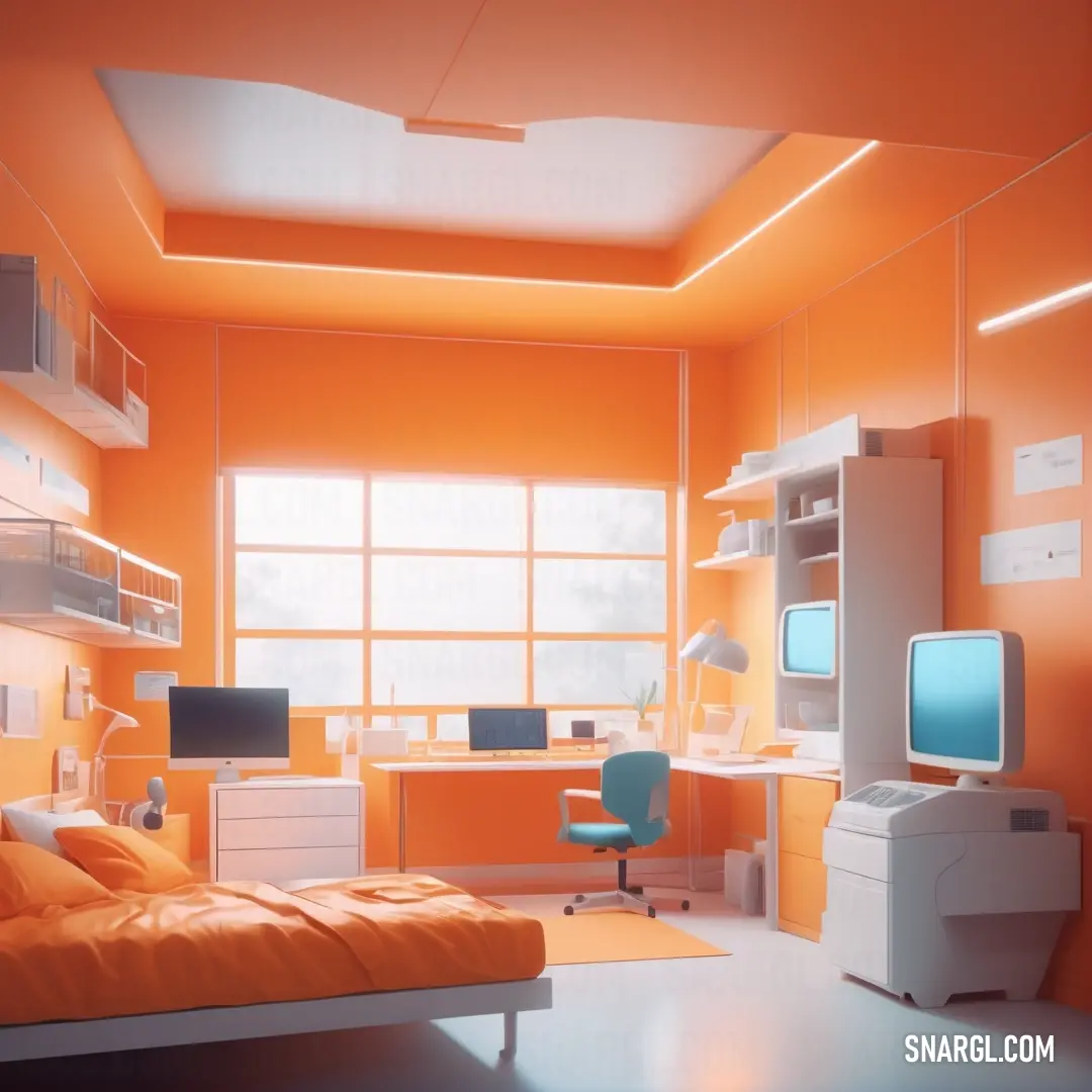 A cozy bedroom adorned with warm orange walls, featuring a neatly made bed, a functional desk and chair, and a television stand nestled in the corner, creating a welcoming and inviting space for relaxation and productivity.